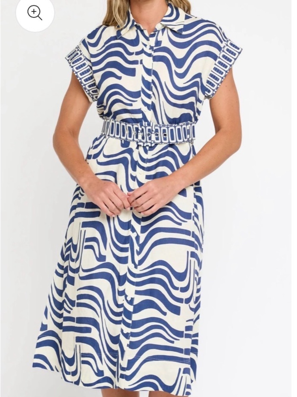 Blue & White Wave-Print Midi Shirt Dress with Belt